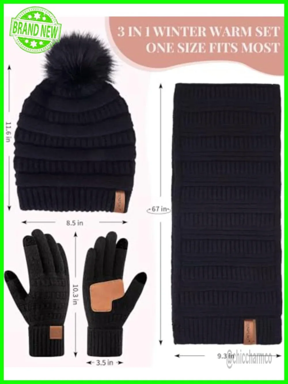 Winter Beanie Scarf Gloves Set, Warm Fleece Lined Knit Hat Touchscreen Gloves